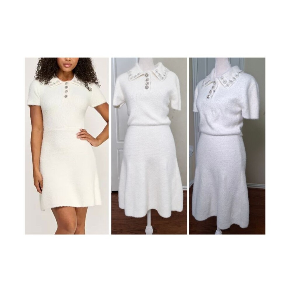 INVITEE Skater Dress Ivory Women L Bridal Winter Wedding Rehearsal Jewel Buttons